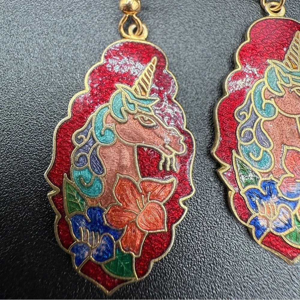 Rare Unicorn Cloisonne Dangle Earrings - Red, Gold, Blue